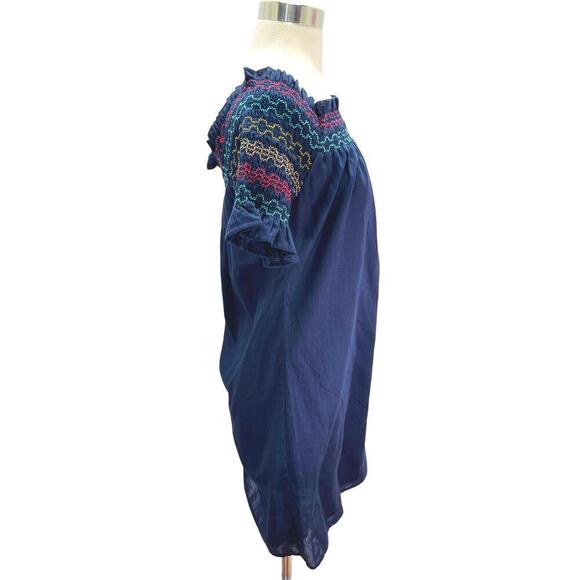 Trina Turk Embroidered Off The Shoulder Smocked Blouse Cotton Indigo Small NWT - Picture 7 of 12